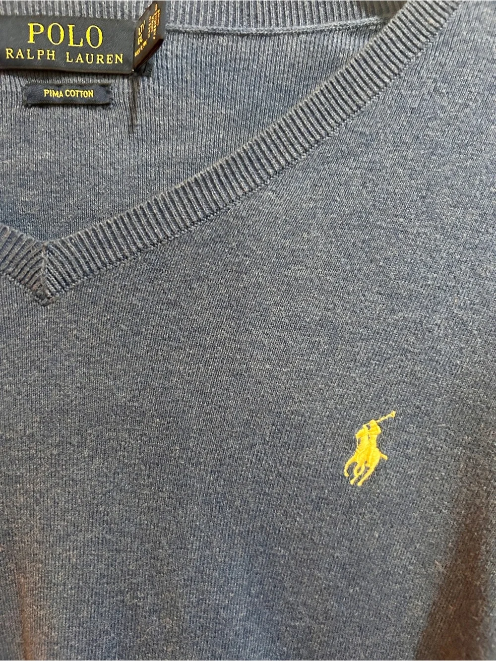 Polo Ralph Lauren Pima Cotton V-Neck Sweater LT Slate Blue Yellow Pony